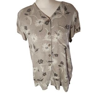 Jones New York Womens Button Front Floral‎ Silk Blouse earthy fairycore natural